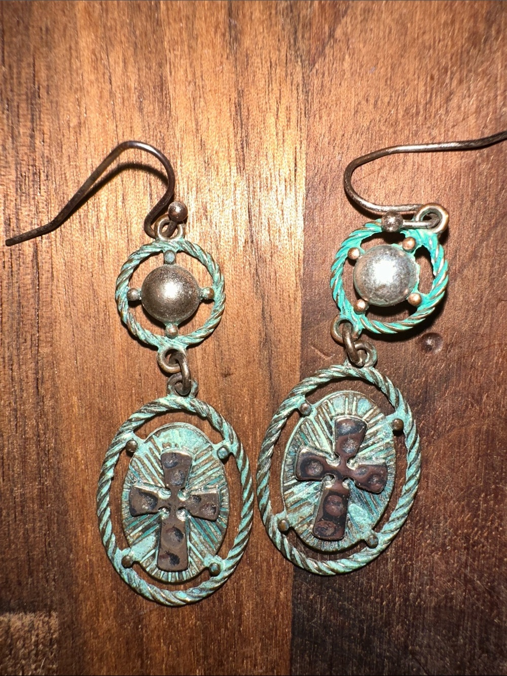 Vintage-Inspired Turquoise Patina Cross Drop Earrings - Picture 3 of 6
